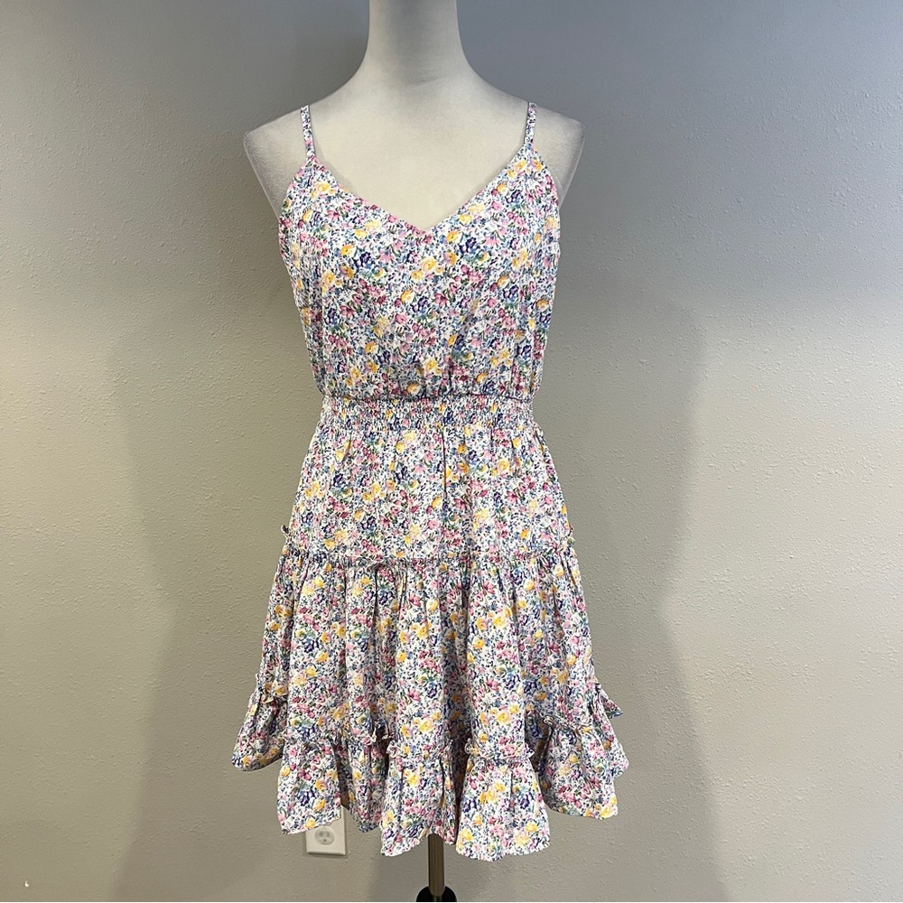 Skies Are Blue Floral Mini Dress in White with Yellow & Pink Accents